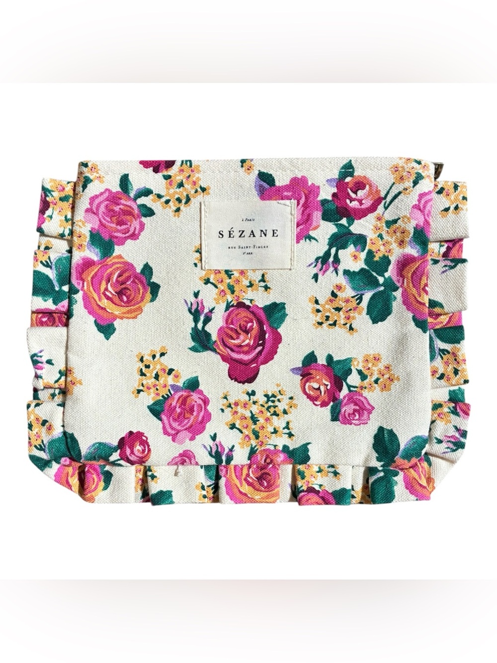 Sezane Floral Rose Canvas Pouch Cosmetic Bag